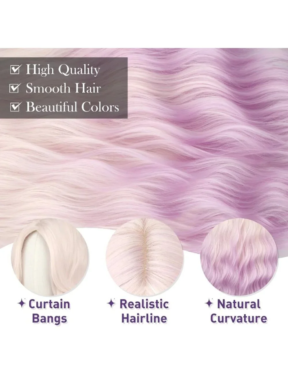 Women's Pink Ombre Lilac 26 Inch Heat Resistant Curtain Bangs Long Wavy Wigs
